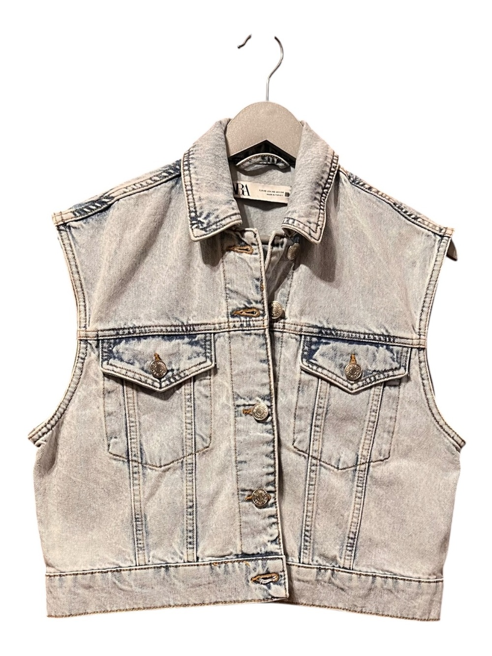 Zara Acid Wash Light Wash Cropped Denim Vest Button Front XS
